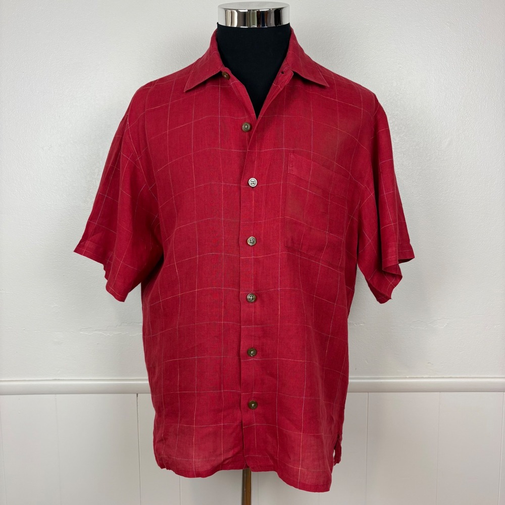 Scott‎ Barber Men's Button Up Linen Shirt Size M Red Windowpane Pattern Summer